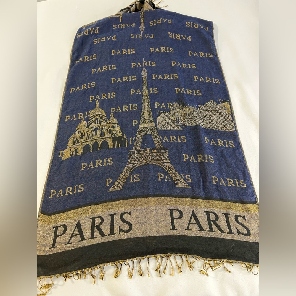 Vintage 90s PARIS Neck‎ Showl Scarf Wrap 72”x27”Gold Blue Eiffel Tower Viscose